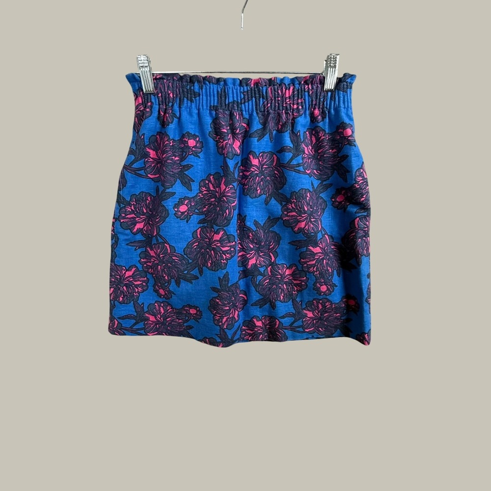 J.Crew Blue Pink Floral Linen Cotton Smocked Paperbag Waist Mini Skirt 2